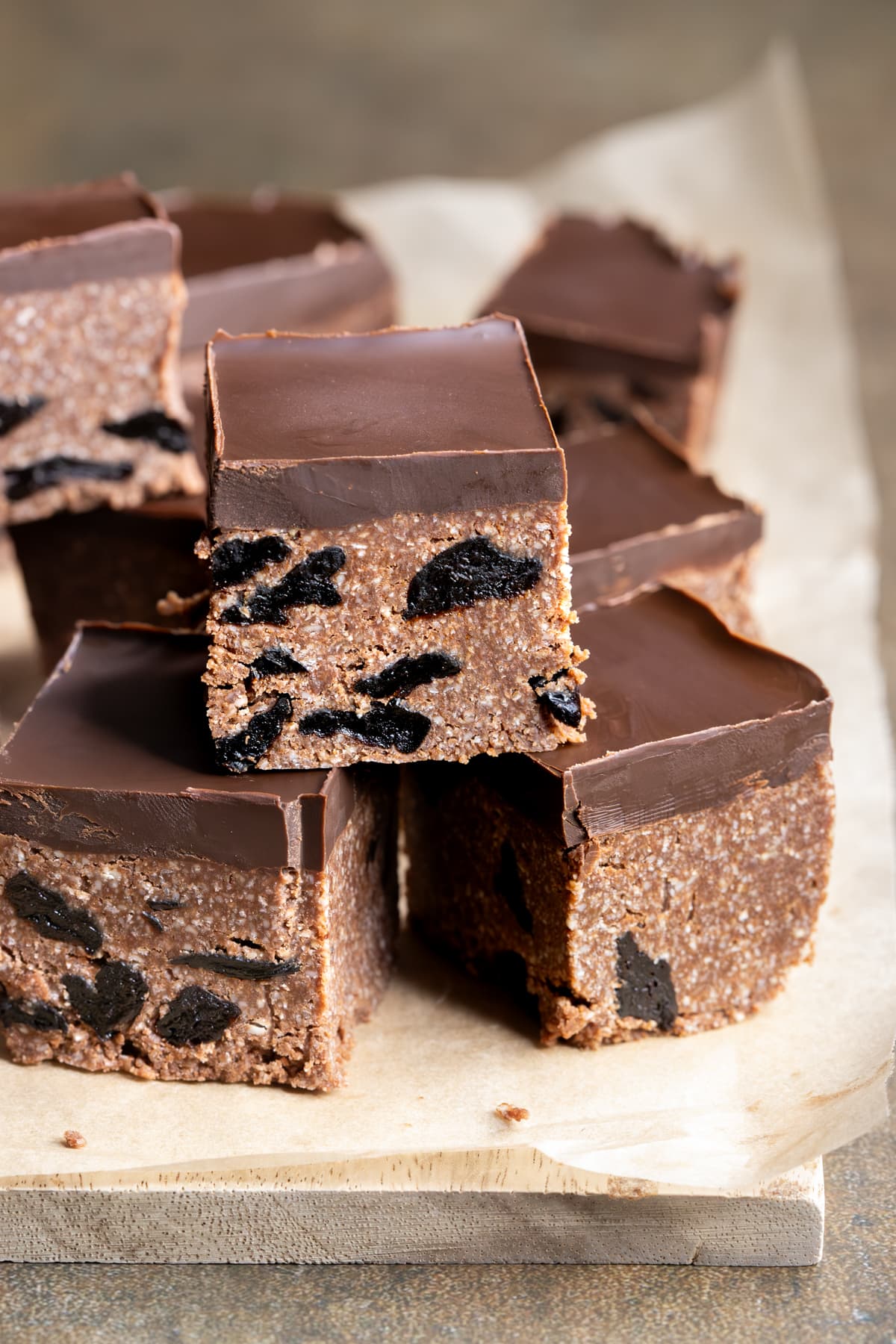 Squares of no-bake chocolate sour cherry slice