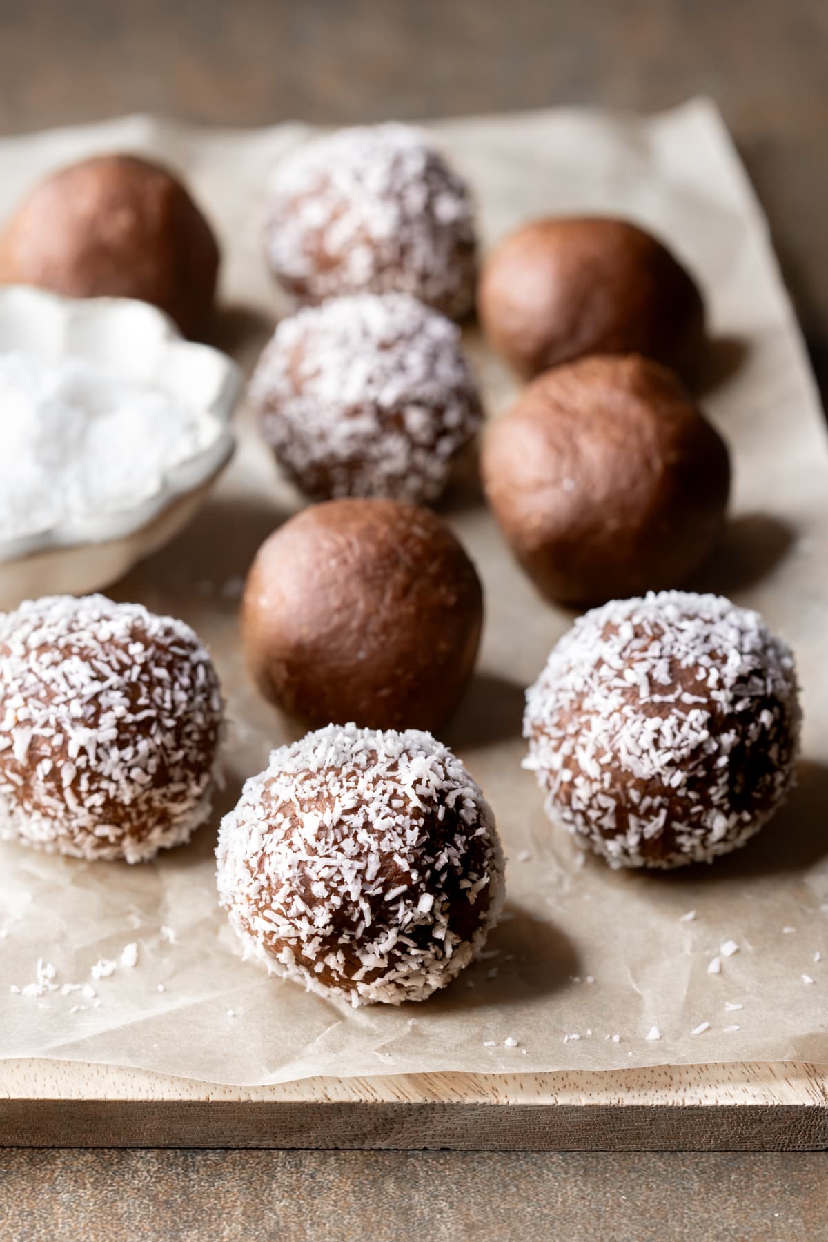 Gluten-free chocolate mint protein balls rolled in coconut