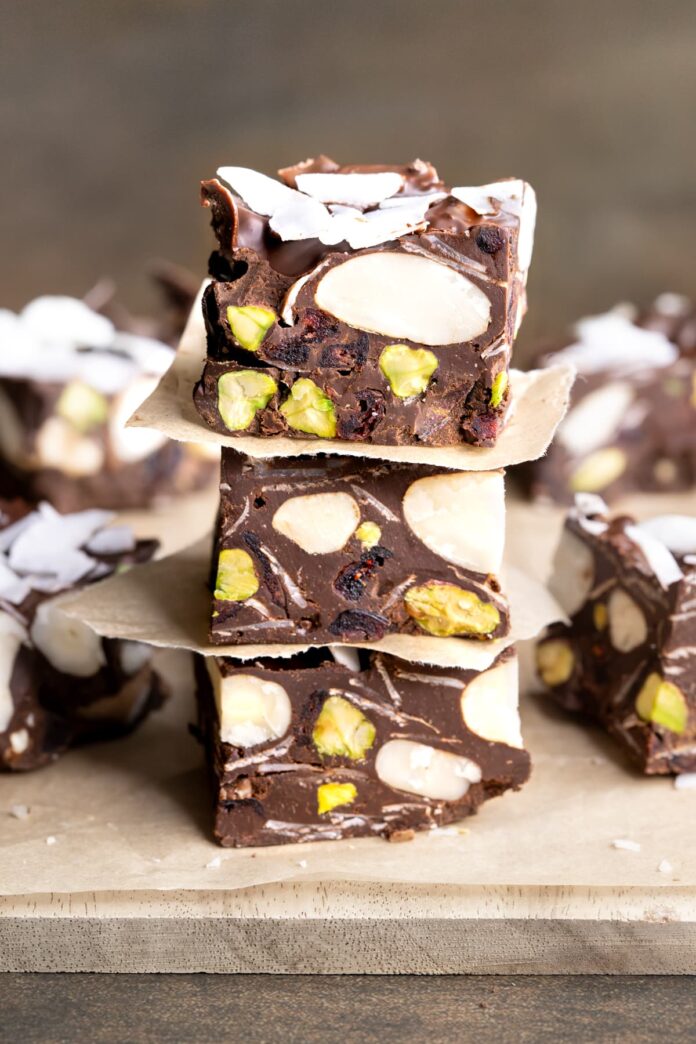 Three squares of healthy rocky road stacked on top of each other