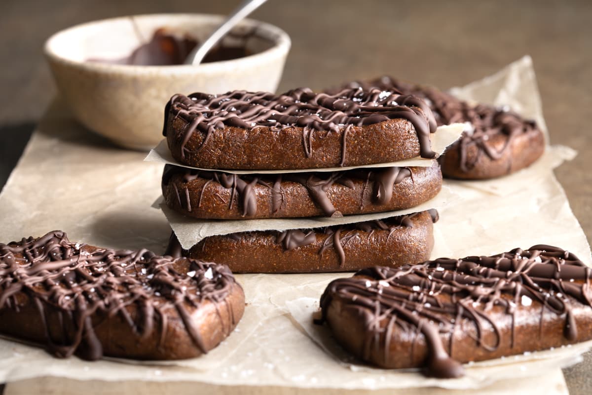 Homemade chocolate whey protein bars with dark chocolate drizzle