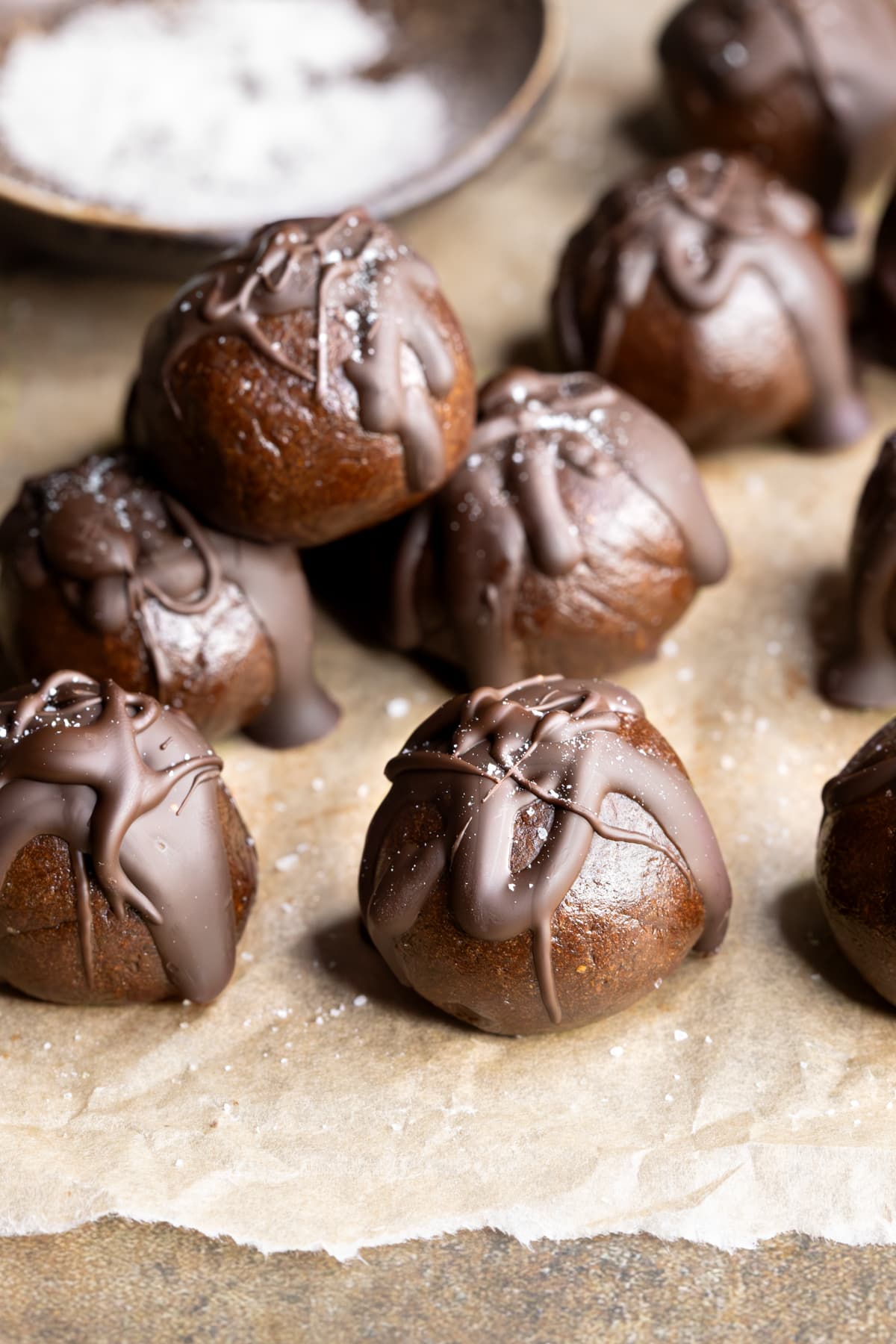 Gluten-free chocolate mint whey protein balls sprinkled with sea salt