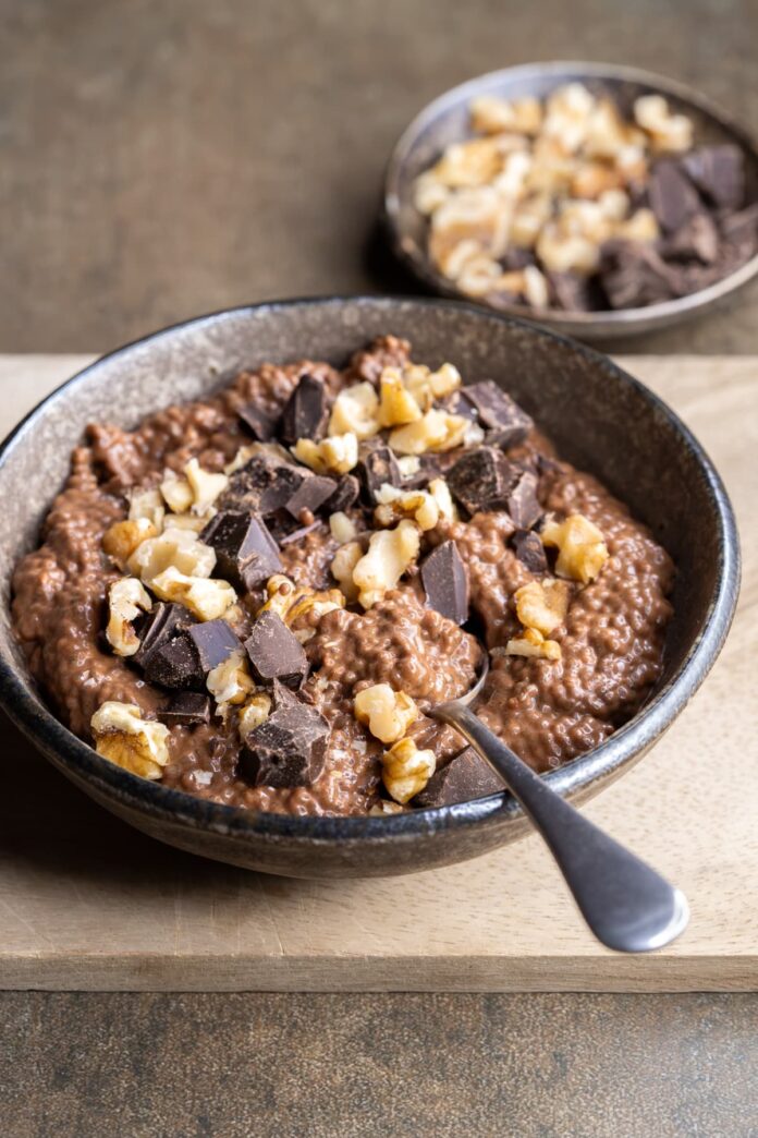 Easy chocolate brownie batter chia pudding served for breakfast