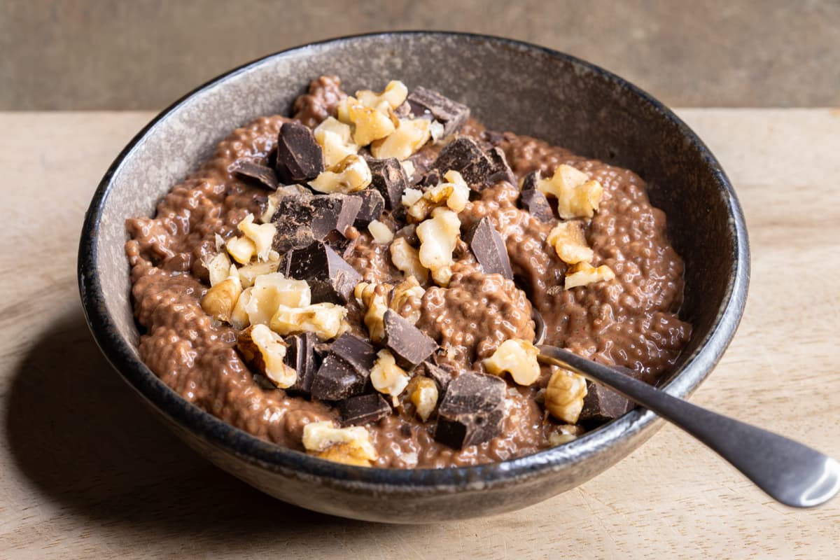 Chocolate brownie batter chia pudding served in a bowl