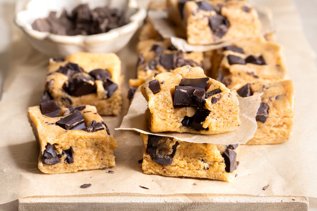 Chewy cookie dough protein bars with collagen powder cut into squares