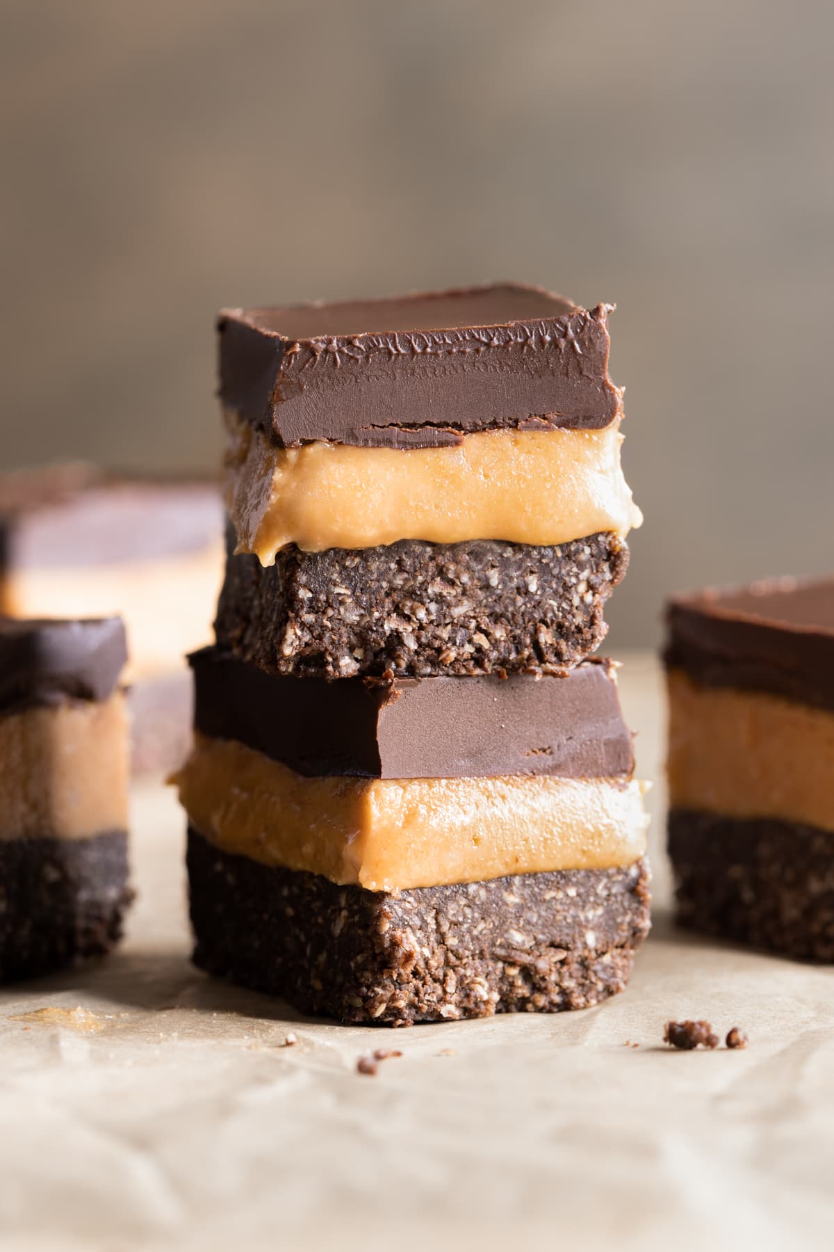 Pieces of no-bake vegan slice with caramel filling