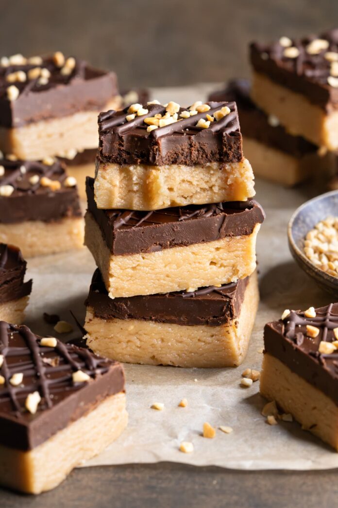 No-bake four ingredient vegan peanut butter bars with chocolate and crushed peanuts