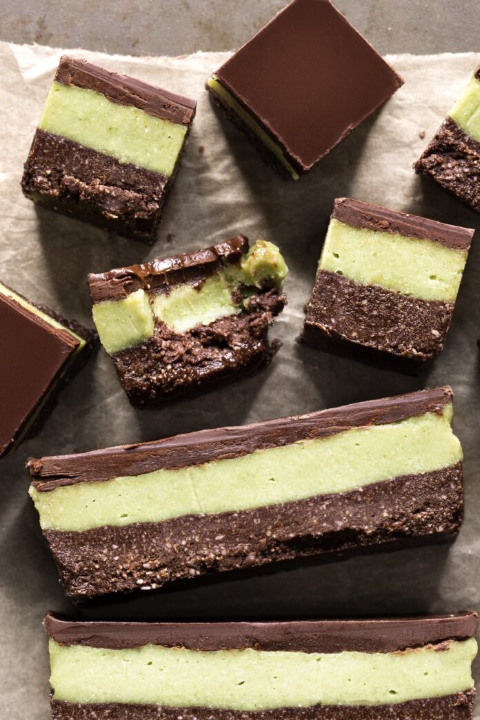 Vegan no-bake chocolate mint slice cut into bars and squares