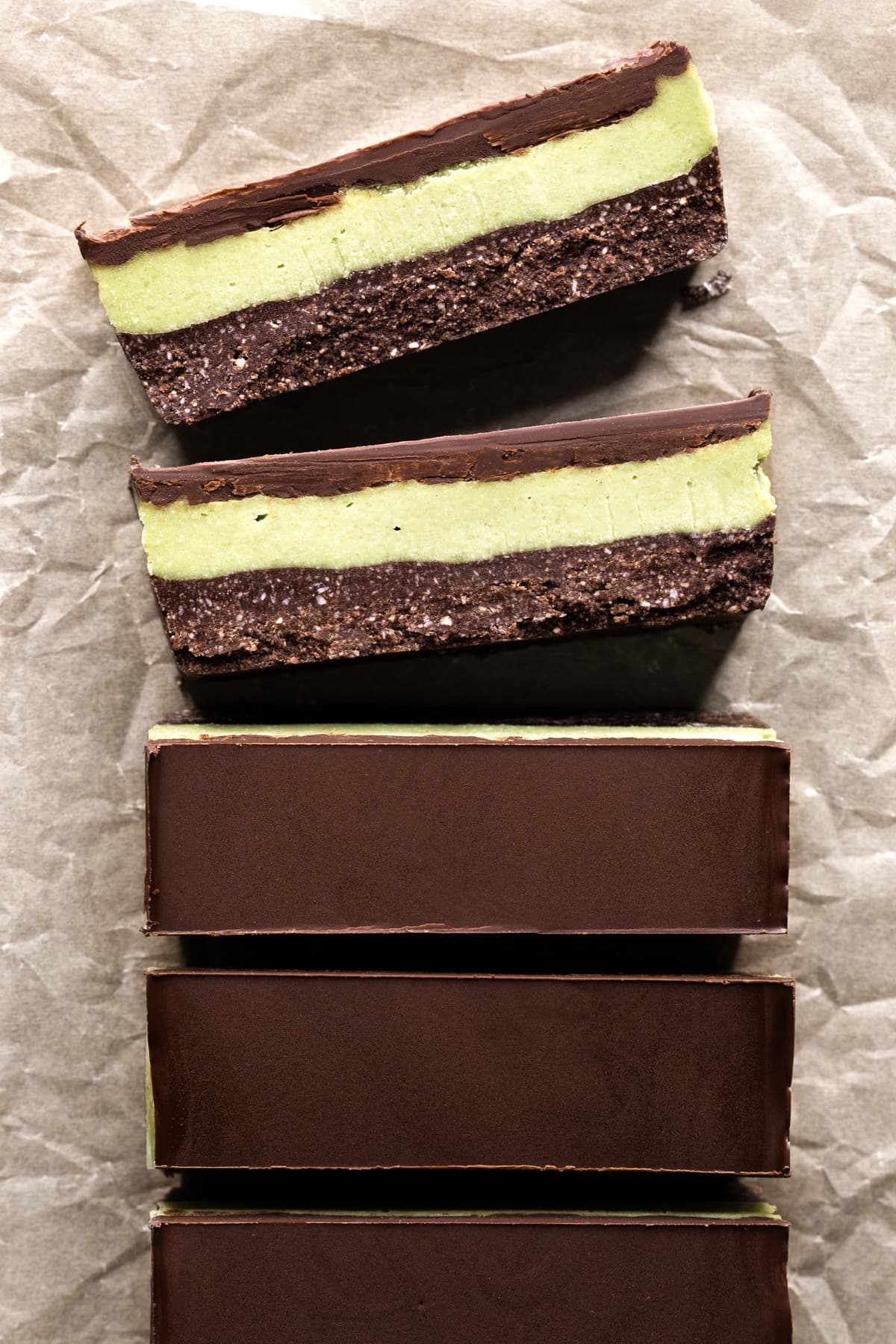 Gluten-free and vegan no-bake chocolate mint slice cut into bars