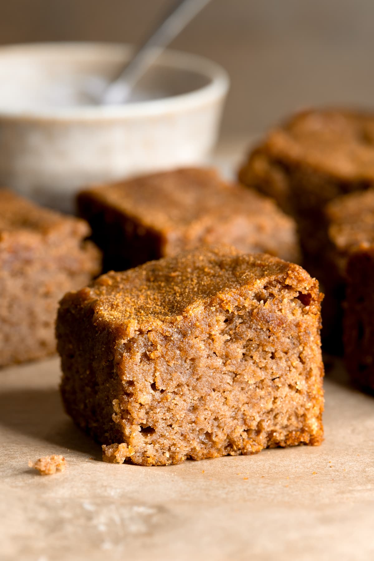 A square of gingerbread cake with a moist texture