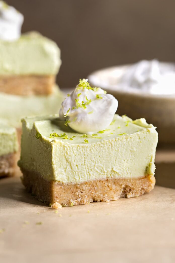 No-bake vegan lime cheesecake topped with coconut cream