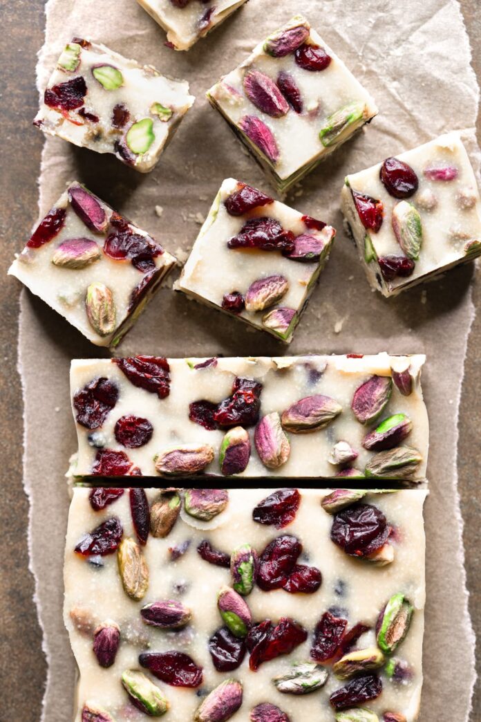 Vegan white christmas slice cut into squares