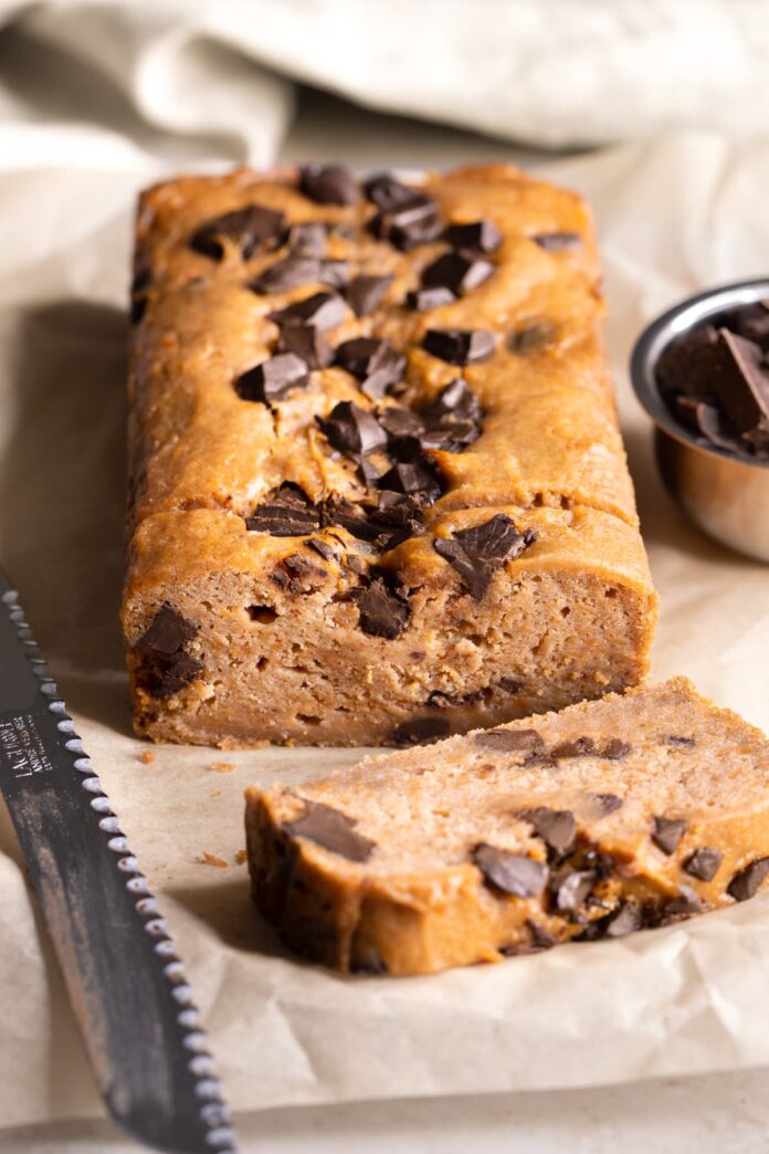 Vegan sweet potato bread with chocolate chips sliced with a bread knife