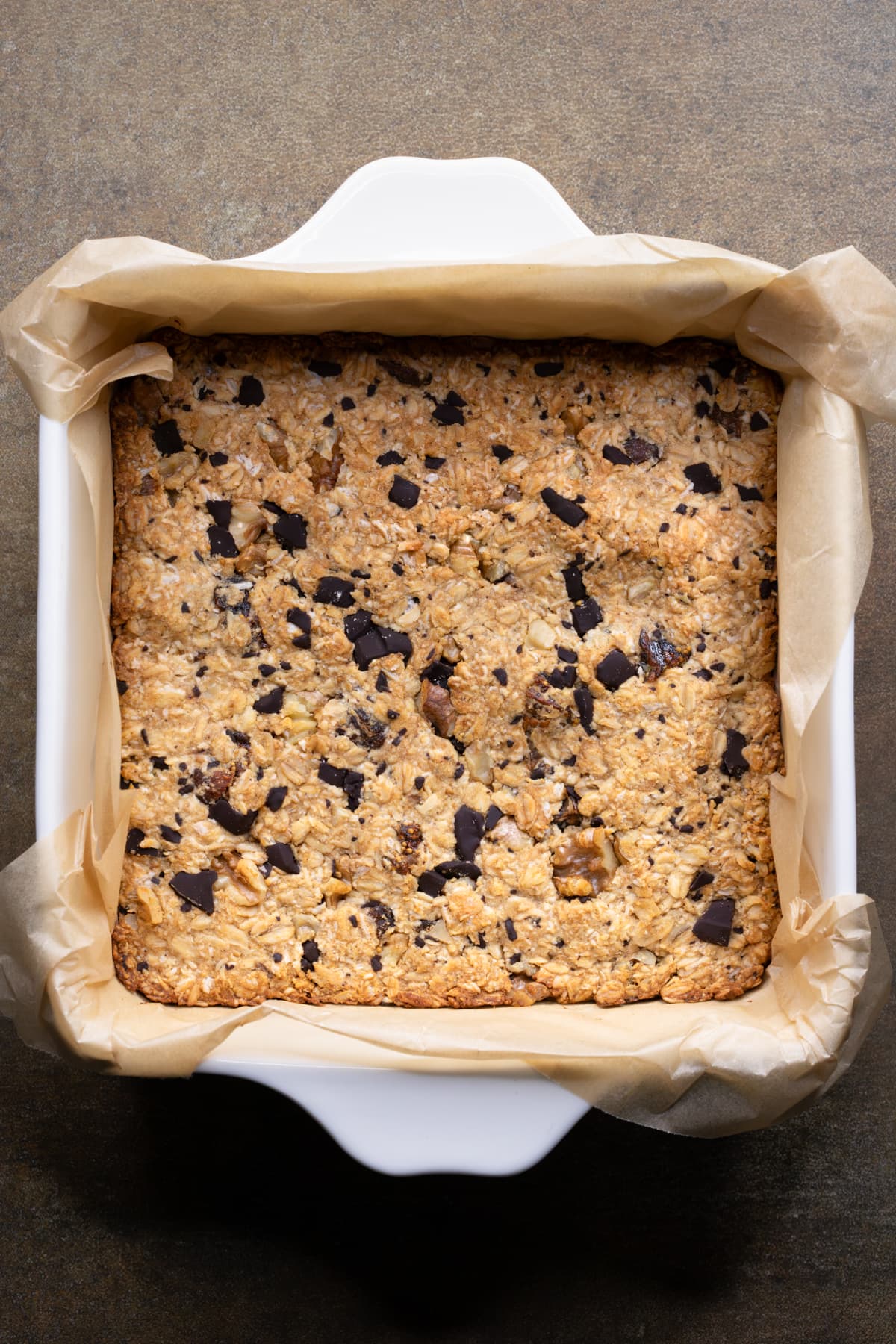 Oatmeal bars baked in a square baking dish