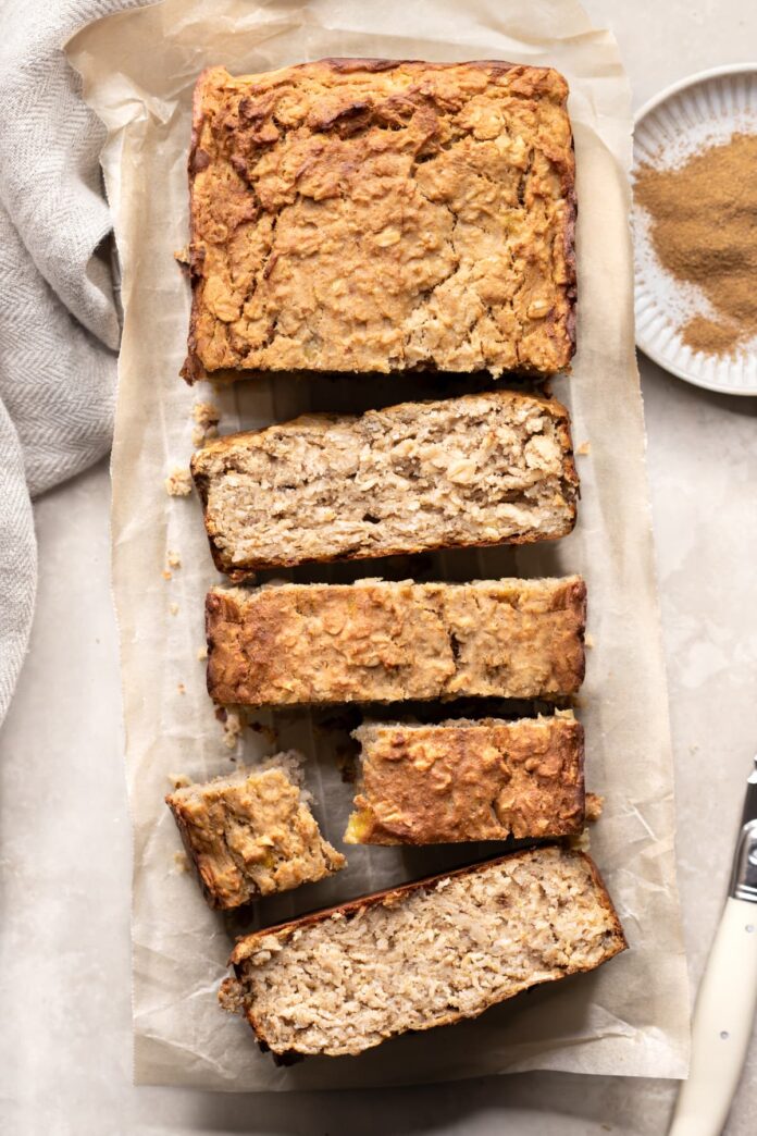 Baked oatmeal protein bars on a sheet of baking paper