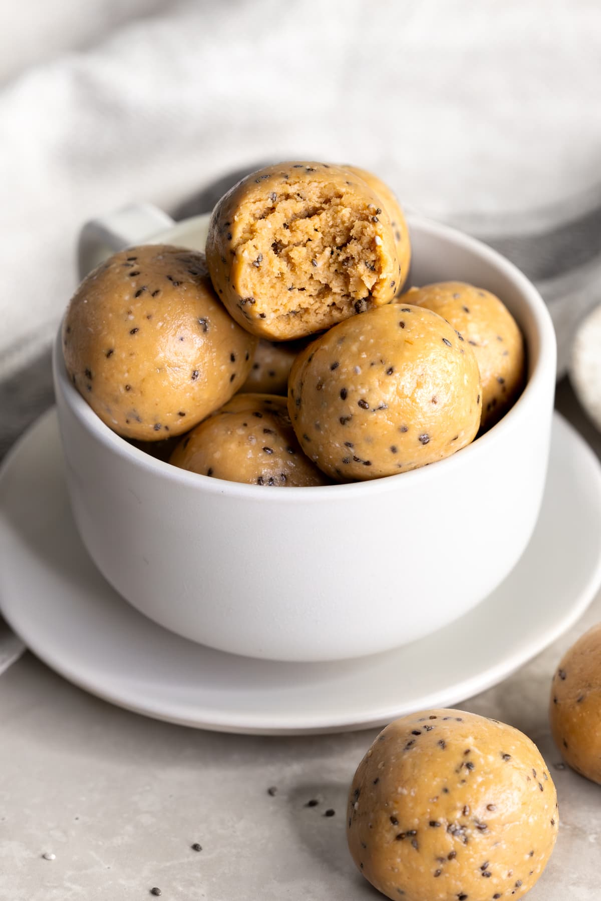 No-bake energy balls stacked in a bowl