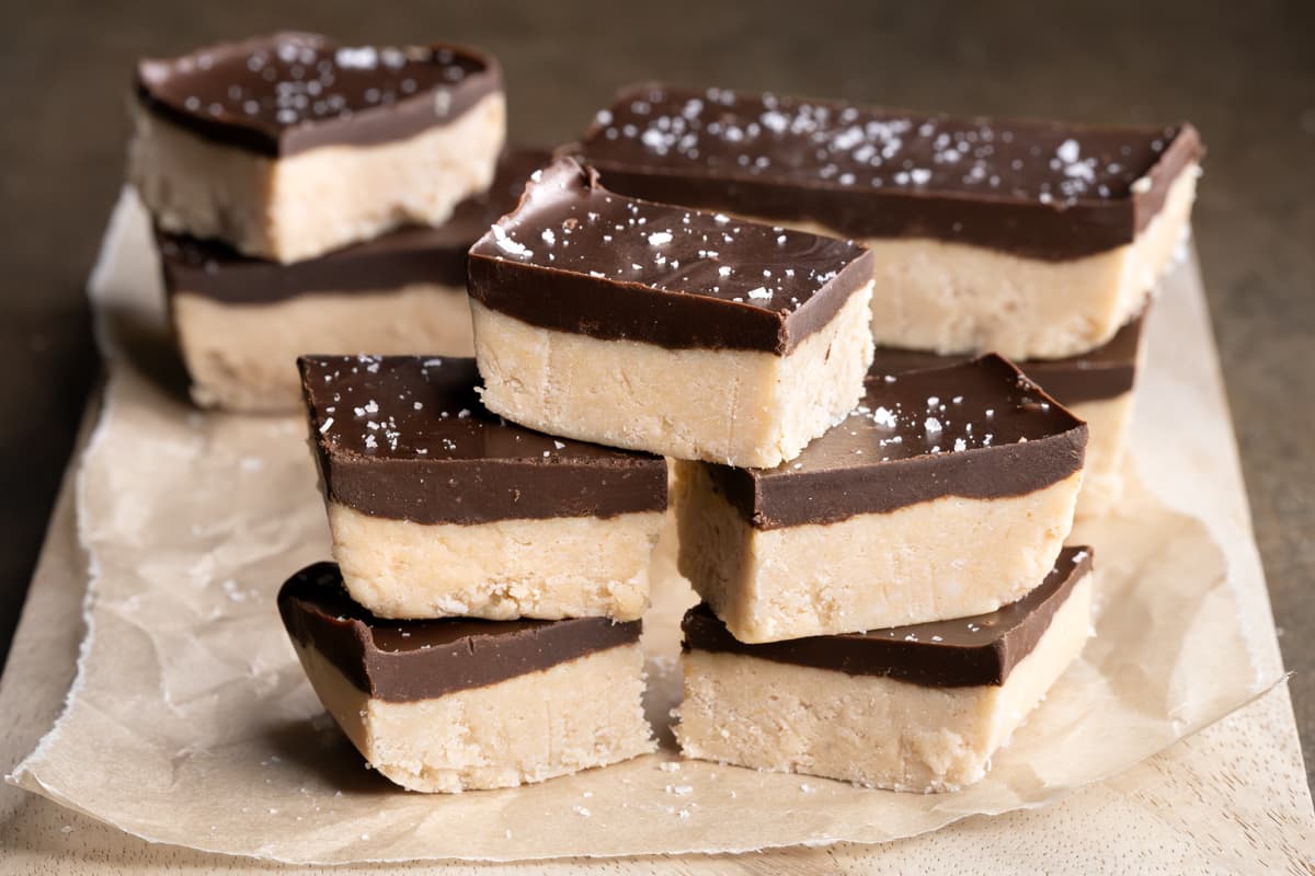 Chocolate peanut butter protein bars in a stack