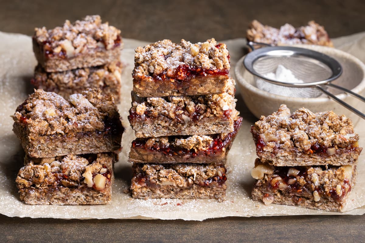 Stacks of jam-filled oatmeal crumble bars