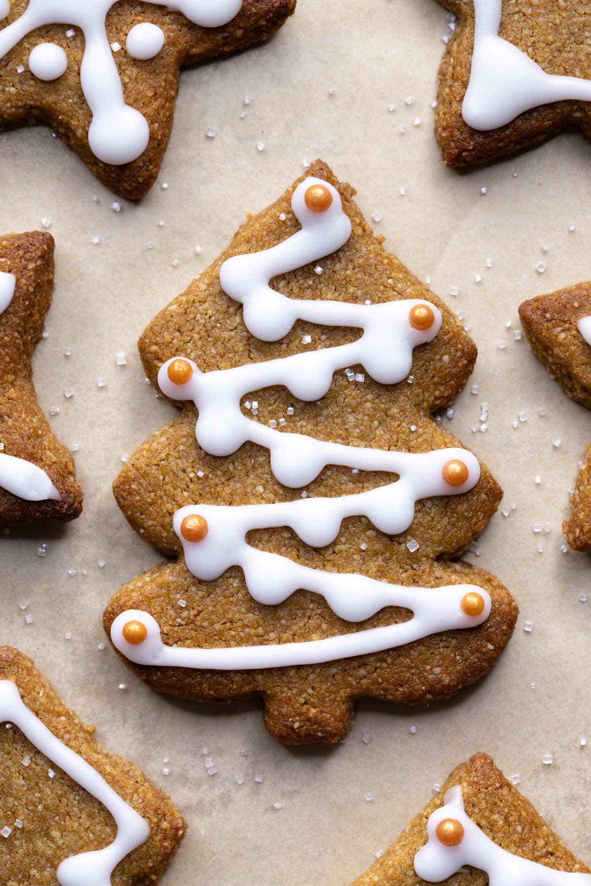 Gingerbread Christmas tree cookie decorated with glace icing