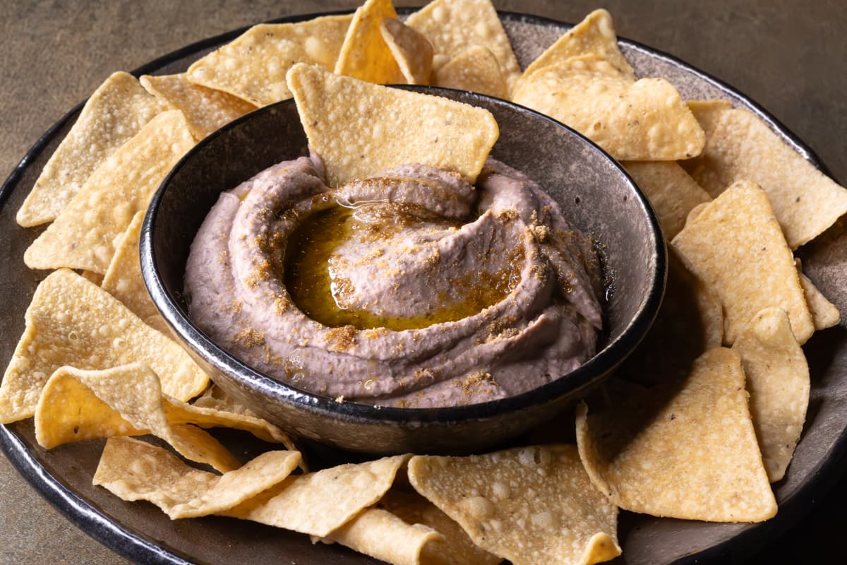 Black bean dip served with tortilla chips