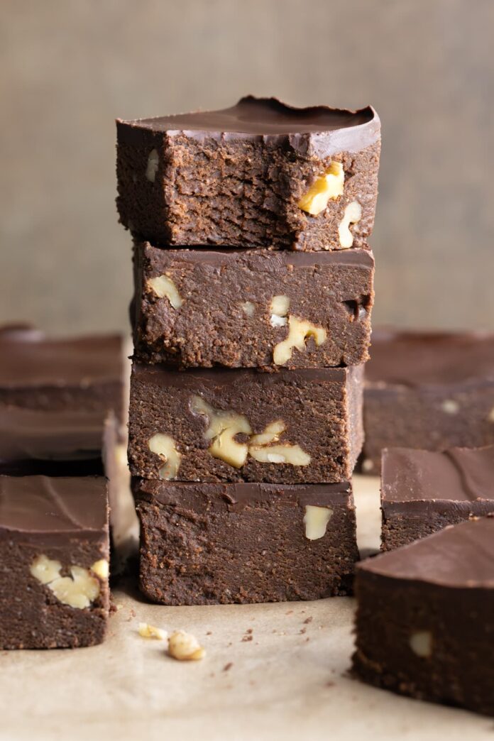 A stack of no-bake vegan brownies