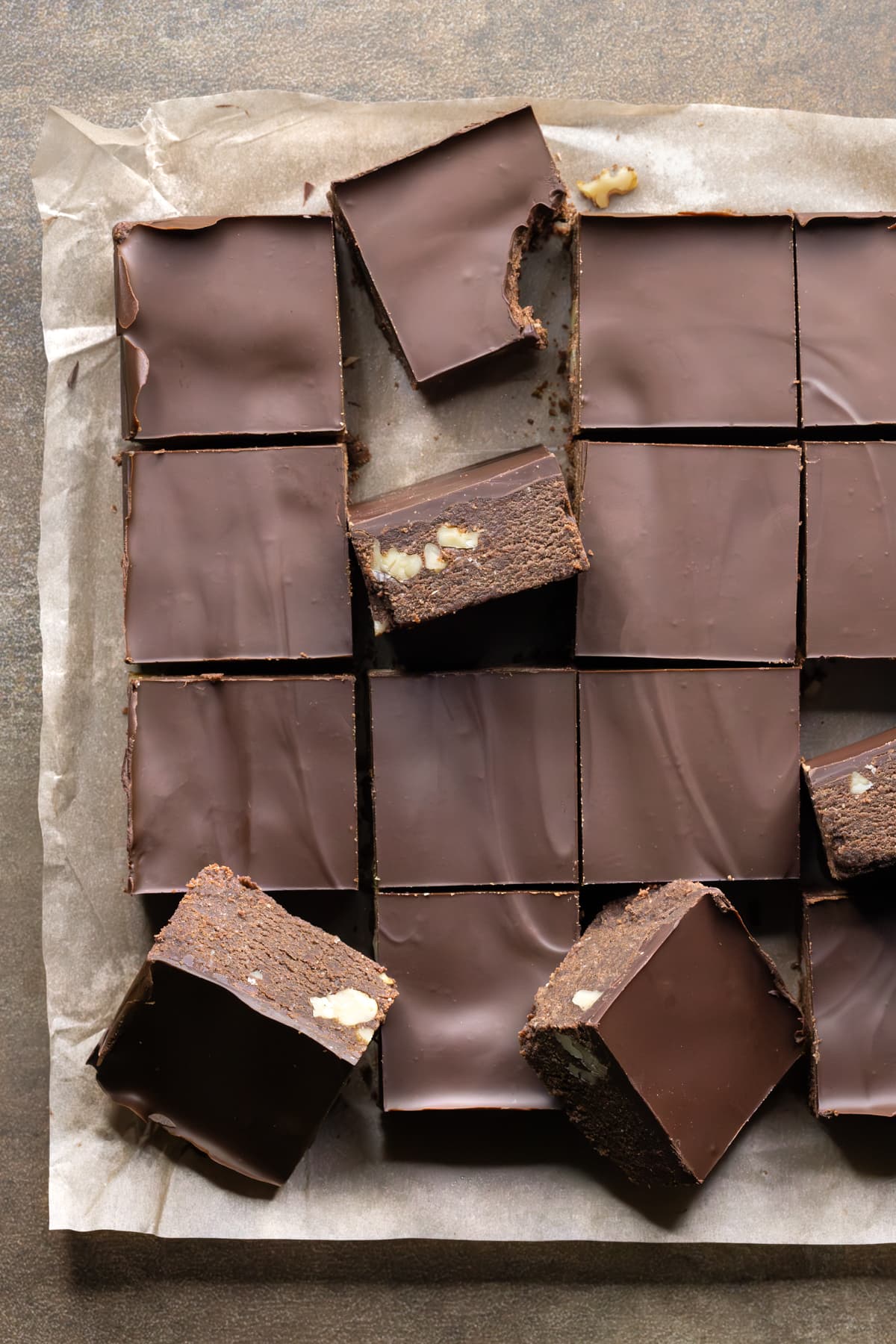 A batch of no-bake brownies cut into squares