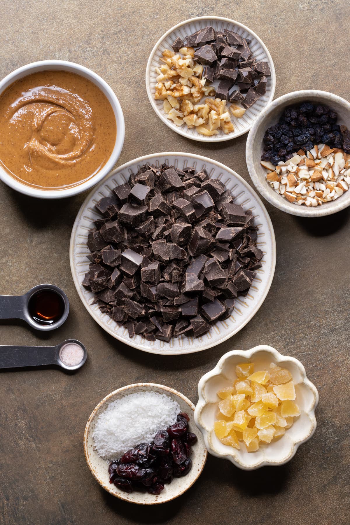 Ingredients for vegan chocolate fudge bites set out in bowls